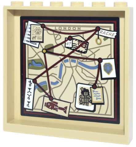 Lego Panel 1 x 6 x 5 with Map, Dark Red String and Pins, White Notes and Pictures and Dark Tan 'LONDON' and 'RACHE'  Pattern (Sticker) - Set 10351 / Tan