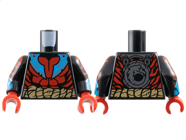 Lego Torso Red Muscles and Stripes, Dark Azure and Metallic Light Blue Blades, Dark Tan Rope Belt Pattern / Black Arms with Stripes and Gauntlets Pattern / Red Hands