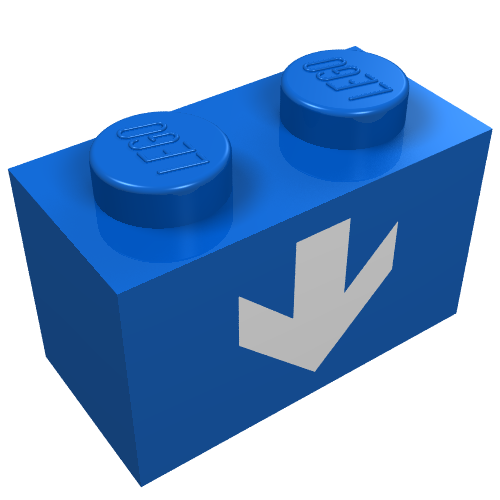 Lego Brick 1 x 2 with White Down Arrow Print / Blue