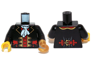 Lego Torso Pirate Captain Jacket Open with Gold Trim and Red Pockets over Red Shirt, White Ascot Pattern / Black Arms / Pearl Gold Hook Left / Yellow Hand Right