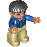 Lego Duplo Figure Side Parted Hair Black, with Tan Legs, Blue Top, Black Vest / Blue