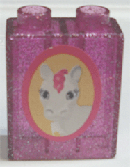 Lego Duplo, Brick 1 x 2 x 2 with White Horse and Pink Mane Pattern (Sticker) - Set 4828 / Glitter Trans-Dark Pink