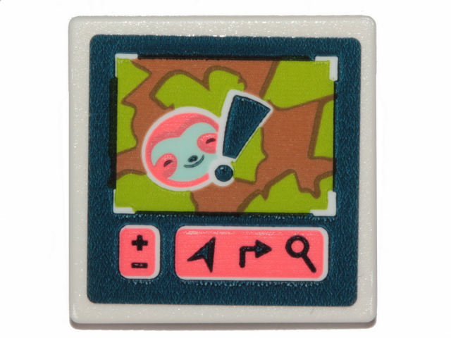 Lego Road Sign 2 x 2 Square with Open O Clip with Screen with Coral Sloth Head and Dark Blue Exclamation Mark Pattern (Sticker) - Set 41424