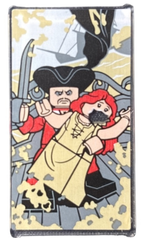 Lego Glass for Window 1 x 4 x 6 with Painting of Pirate and Damsel in Distress Minifigures, Tan Splotches and Dark Bluish Gray Ship with Black Sail Pattern (Sticker) - Set 40773 / Trans-Clear
