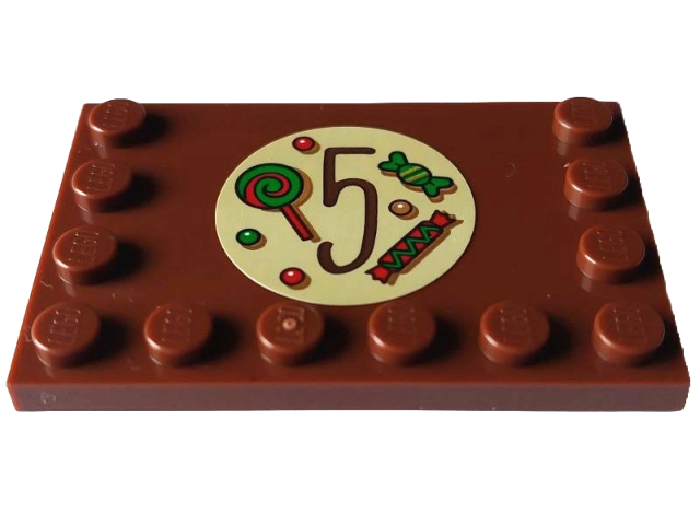 Lego Tile, Modified 4 x 6 with Studs on Edges with Reddish Brown Number 5 with Red and Green Candy and Dots on Tan Circle Pattern (Sticker) - Set 4002023 / Reddish Brown
