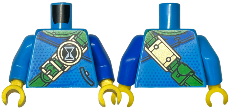 Lego Torso Robe with Blue Shoulder and Dots, Bright Green Neck and Strap with Hourglass and Gold Buckles, Pocket with Black Outline Pattern / Blue Arm Left / Dark Azure Arm Right / Yellow Hands