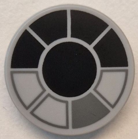 Lego Tile, Round 2 x 2 with Bottom Stud Holder with Black and Dark Bluish Gray SW Millennium Falcon Cockpit Pattern