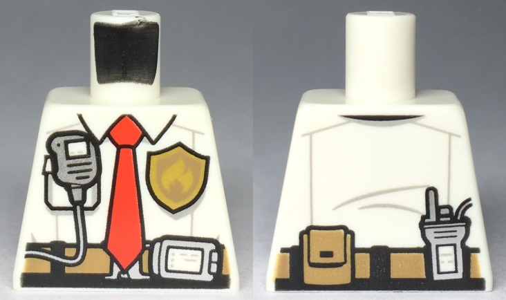 Lego Torso Fire Chief Shirt with Tie, Fire Logo Badge and Belt with Pouch and Radio Pattern / White