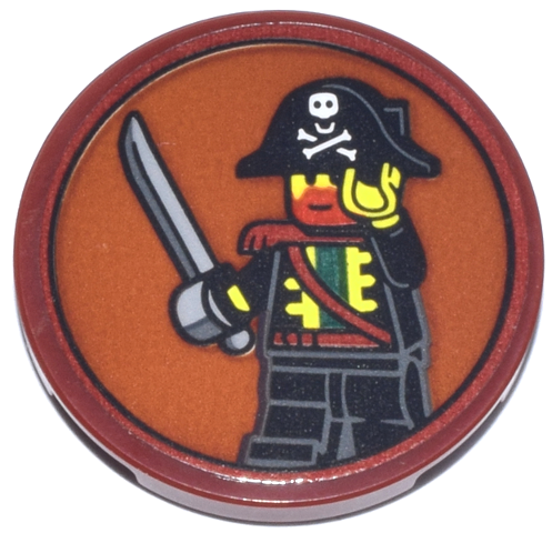 Lego Tile, Round 3 x 3 with Portrait of Pirate Minifigure with Sword on Dark Orange Background Pattern (Sticker) - Set 910050 / Dark Red