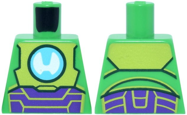 Lego Torso Lime and Dark Purple Armor, Medium Azure and White Stylized Letter H in Circle Arc Reactor Pattern / Bright Green