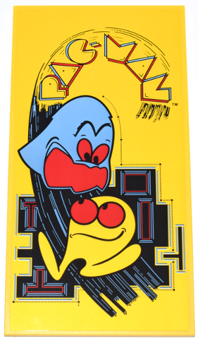 Lego Tile 8 x 16 with Bottom Tubes, Textured Surface with Outline 'PAC-MAN' Logo and Yellow PAC-MAN and Medium Blue Ghost (Inky) Characters with Red Eyes and Open Mouth on Black Maze Pattern (Sticker) - Set 10323 / Yellow