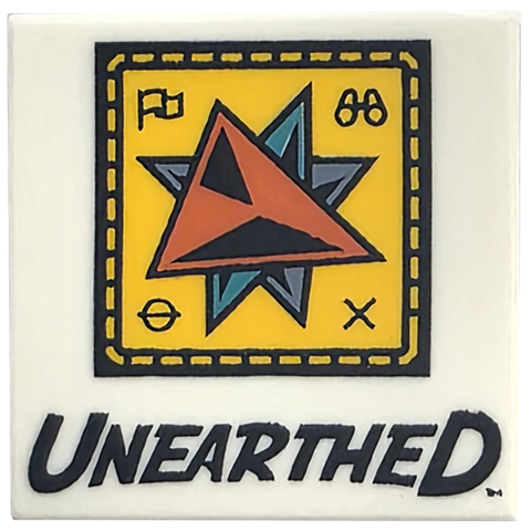 Lego Tile 2 x 2 with 'UNEARTHED' and Black and Reddish Orange Triangles in Bright Light Orange Square Pattern / White