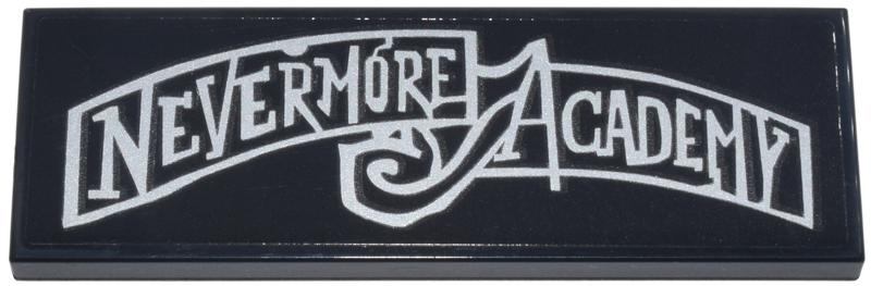 Lego Tile 2 x 6 with Silver 'NEVERMORE ACADEMY' Banner Pattern (Sticker) - Set 76780 / Black