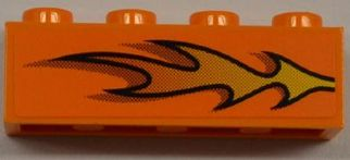 Lego Brick 1 x 4 with Orange Flame Pattern Model Right Side (Sticker) - Set 8186 / Orange