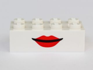 Lego Brick 2 x 4 with Mouth with Red Lips Grin / Open Mouth Smile with Teeth on Opposite Sides Pattern / White