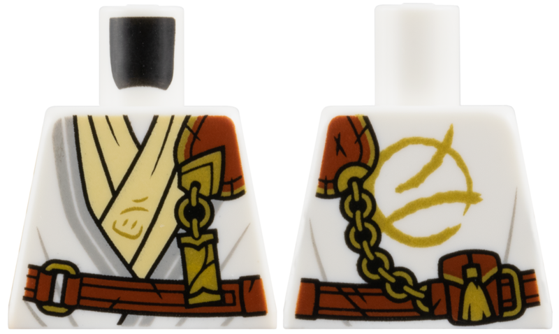 Lego Torso Tunic with Light Bluish Gray Trim, Tan Layer, Reddish Brown Strap, Gold Clasp and Charm with Ninjago Logogram 'WU' Pattern / White