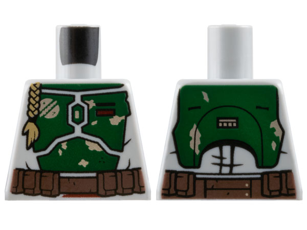 Lego Torso SW Mandalorian Dark Green Armor, Belt, Braid, Silver Emblem and Battle Damage, Dark Red Rectangle Pattern
