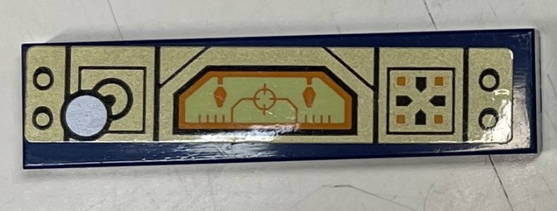 Lego Tile 1 x 4 with Control Panel with Screen, Joystick, and Buttons on Gold Background Pattern (Sticker) - Set 72001 / Dark Blue