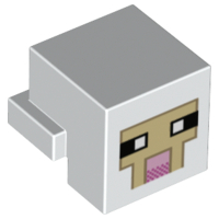 Lego Creature Head Pixelated with Black and White Eyes, Bright Pink Nose, Tan Face with Dark Tan Outline Pattern (Minecraft Sheep) / White