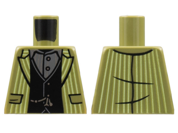 Lego Torso Jacket with White Pinstripes, Black Vest, Dark Bluish Gray Shirt, Silver Waistcoat Chain Pattern / Olive Green