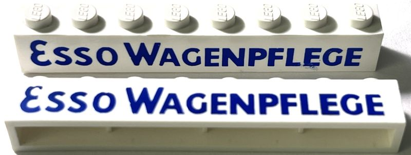 Lego Brick 1 x 8 without Bottom Tubes with Cross Side Supports with Blue 'Esso Wagenpflege' Bold with Oval 'O' and Plain 'G' Pattern / White