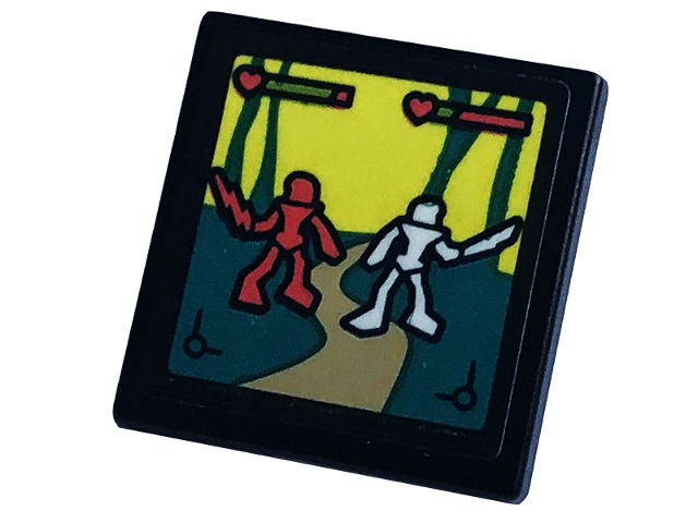 Lego Road Sign 2 x 2 Square with Open O Clip with Screen, Characters with Swords and Health Bars in Video Game Pattern (Sticker) - Set 41755 / Black