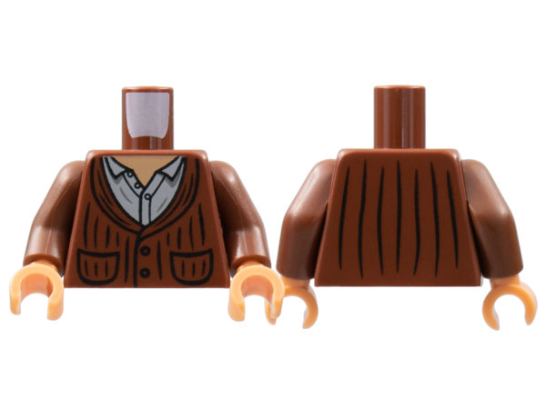 Lego Torso Cardigan with Pockets, Nougat Neck, Light Bluish Gray Shirt Pattern / Reddish Brown Arms / Nougat Hands