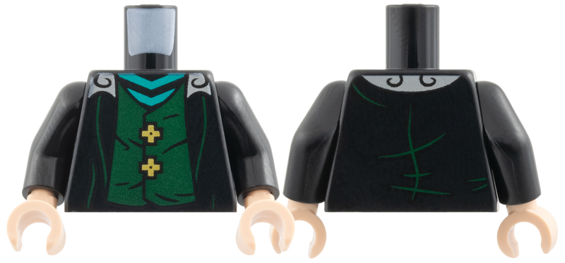 Lego Torso Coat with Light Bluish Gray Collar, Dark Green Vest with Gold Buttons, Dark Turquoise Chevron Stripes Pattern / Black Arms / Light Nougat Hands
