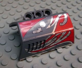 Lego Technic, Panel Engine Block Half / Side Intake with Red and Silver Flames, Oil Cap Pattern Model Left Side (Stickers) - Set 8493 / Dark Bluish Gray