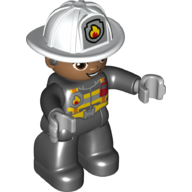 Lego Duplo Figure with Helmet, Black Legs, Black Jacket with Safety Harness, White Helmet with Silver Fire Badge and Radio, Brown Eyes (Firefighter) / Black