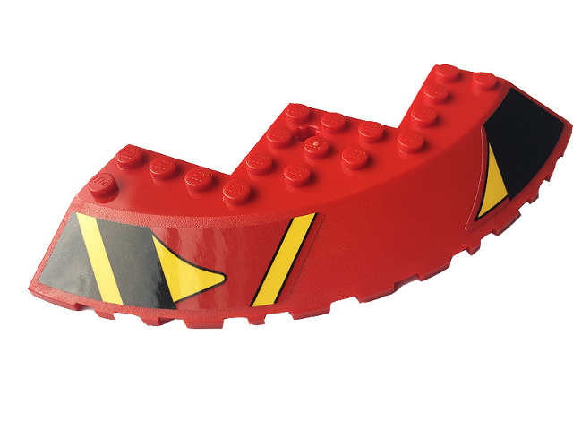 Lego Brick, Round Corner 10 x 10 with Slope 33 Edge, Axle Hole, Facet Cutout with Black and Yellow Stripes Pattern Model Right Side (Sticker) - Set 76084 / Red