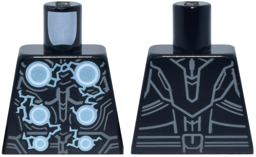 Lego Torso Armor with 6 Metallic Light Blue and White Circles with Arcing Electricity, Dark Bluish Gray Contour Lines Pattern / Black