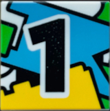 Lego Tile 2 x 2 with Blue Flag, Yellow Brick and Black Number 1 Pattern