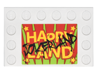 Lego Tile, Modified 4 x 6 with Studs on Edges with Black 'JOKERLAND' Graffiti over Yellow 'HAPPY LAND' Pattern (Sticker) - Set 76035
