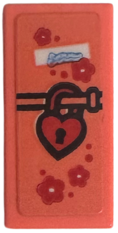 Lego Tile 1 x 2 with Coral Journal with Red Heart Padlock and Flowers Pattern (Sticker) - Set 76781 / Coral