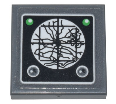 Lego Tile, Modified 2 x 2 Inverted with Black Radar Tracker Display Map, 2 Green Circles, and 2 Dark Bluish Gray Circles Pattern (Sticker) - Set 10262