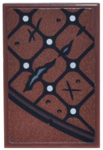Lego Tile 2 x 3 with Quilted Leather Armor Panel with Black Grid, White Dots, Dark Brown Trim and Dark Bluish Gray Tears Pattern Model Right Side (Sticker) - Set 75644 / Reddish Brown