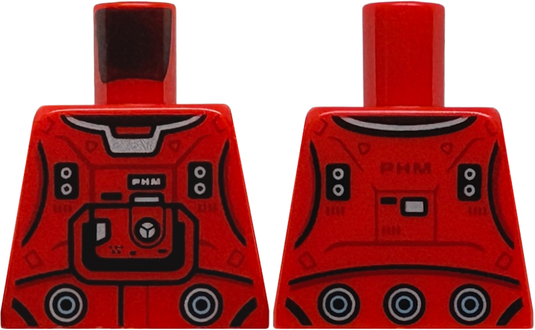 Lego Torso Spacesuit with Black, Silver and Dark Red Markings and 'PHM' Badge Pattern / Red