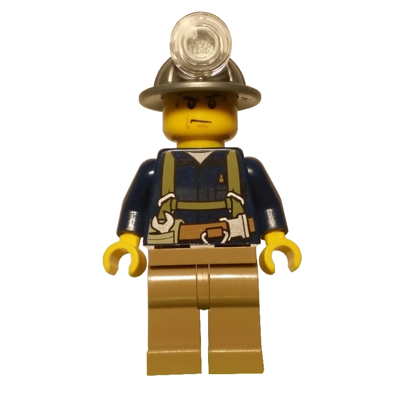 Lego Miner, Dark Blue Shirt with Harness, Mining Hat, Sweat Drops