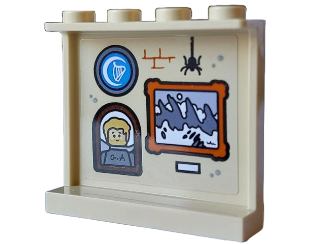 Lego Panel 1 x 4 x 3 with Side Supports - Hollow Studs with Paintings of Harp in Crescent Moon, Heroic Minifigure and Mountain Scene, Black Spider and Dark Orange Brick Wall Outline Pattern (Sticker) - Set 21348 / Tan