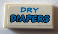 Lego Tile 1 x 2 with Blue 'DRY DIAPERS' Pattern (Sticker) - Set 71016 / White