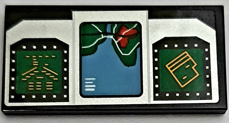 Lego Tile 2 x 4 with Airplane Cockpit Control Screens and Map with Medium Blue Water and Green Land in Silver Frame Pattern (Sticker) - Set 42066 / Black