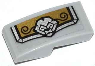 Lego Slope, Curved 2 x 1 x 2/3 with Gold and Silver Armor Plate with Lion Head and Black Swirls Pattern Model Left Side (Sticker) - Set 70123
