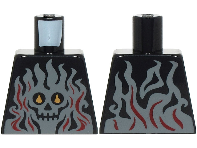 Lego Torso with Dark Bluish Gray Flames with Dark Red Highlights and Skull with Bright Light Orange Eyes Pattern (BAM) / Black