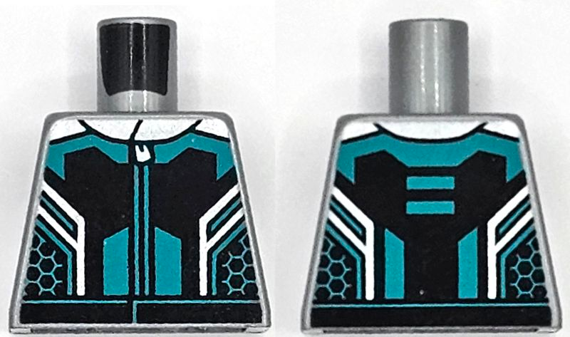 Lego Torso Racing Suit Black Panels, Dark Turquoise Lines and Hem, Silver Collar and Zipper Pattern / Flat Silver