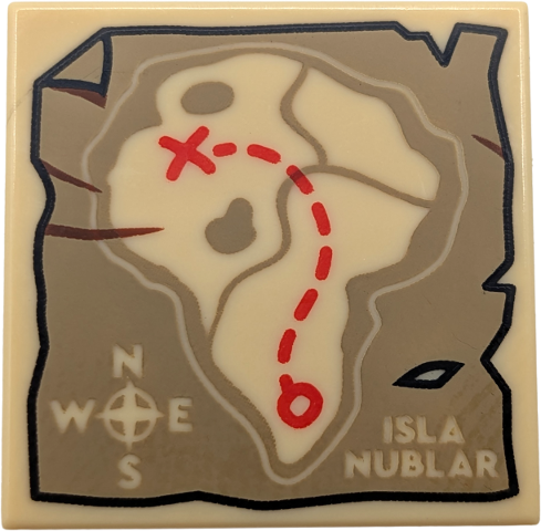 Lego Tile 2 x 2 with Map of 'ISLA NUBLAR' with Compass Rose and Red Dotted Line Pattern