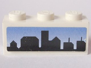 Lego Brick 1 x 3 with Skyline on Blue Background Pattern (Sticker) - Set 8404 / White