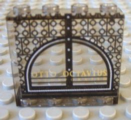 Lego Panel 1 x 4 x 3 - Hollow Studs with Arched Window and 'OTTO OCTAVIUS' Pattern (Sticker) - Set 4857 / Trans-Brown