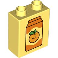 Lego Duplo Brick 1 x 2 x 2 with Orange Juice Carton Print / Bright Light Yellow