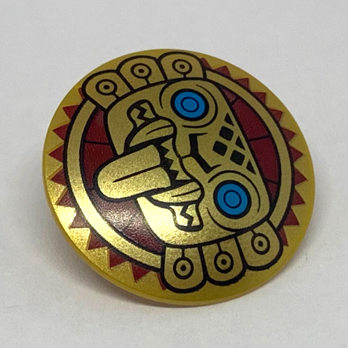 Lego Shield Round Bowed with Aztec Jaguar Face with Dark Azure Eyes and Tongue Sticking Out Print / Pearl Gold